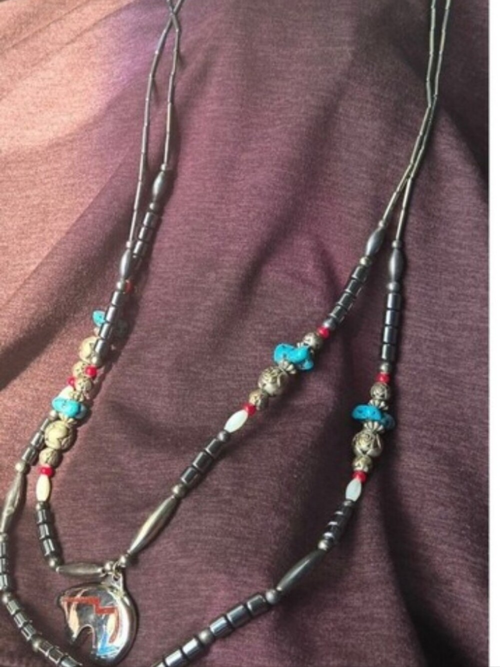 Vintage Navajo Spirit Bear Sterling Silver Turquoise Beaded Double Strand View 3